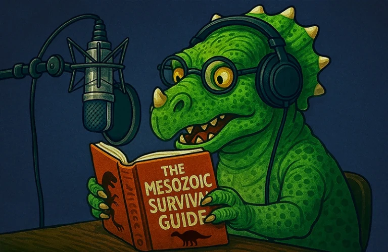 Cartoon dinosaur wearing glasses and headphones, reading aloud from an audiobook script titled "The Mesozoic Survival Guide" into a professional recording microphone.