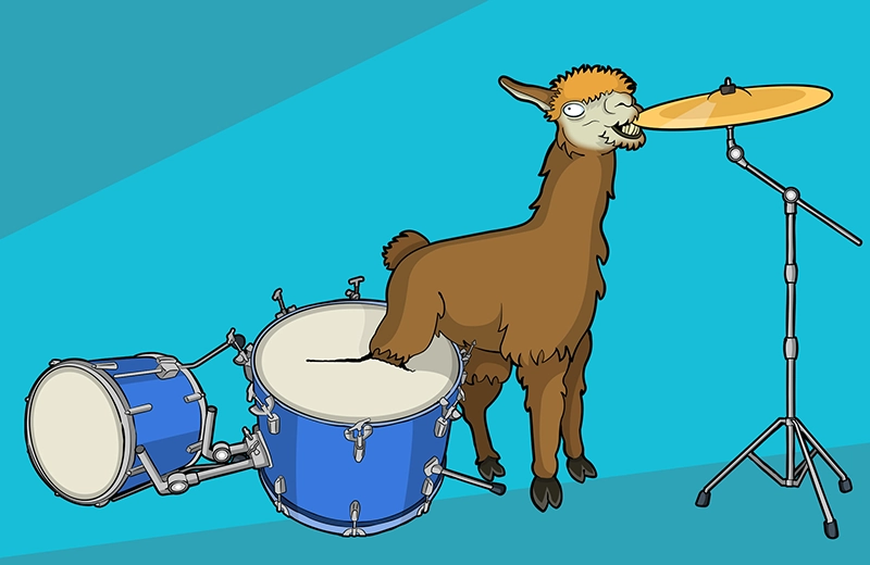 A cartoon llama stomps on a bass drum and bites a cymbal, wrecking a drum kit.