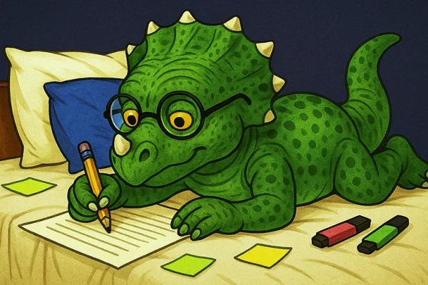 DinoBook: Preparing Your Script Cartoon dinosaur wearing glasses, lying on a bed and writing an audiobook script on a sheet of paper, surrounded by sticky notes and highlighters.