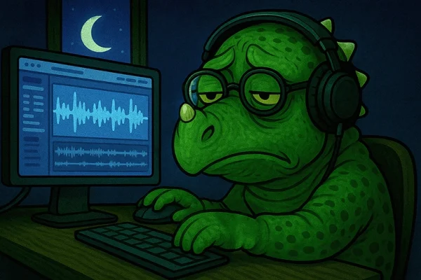 DinoBook: Editing Cartoon dinosaur wearing glasses and headphones, editing audiobook recordings late at night on a computer with waveforms displayed on the screen.