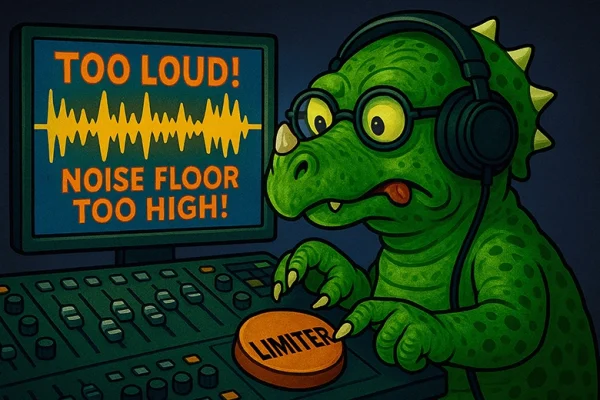 DinoBook: Mastering Cartoon dinosaur wearing glasses and headphones, looking concerned at a mixing console while a computer screen warns “Too Loud! Noise Floor Too High!” during audiobook mastering.