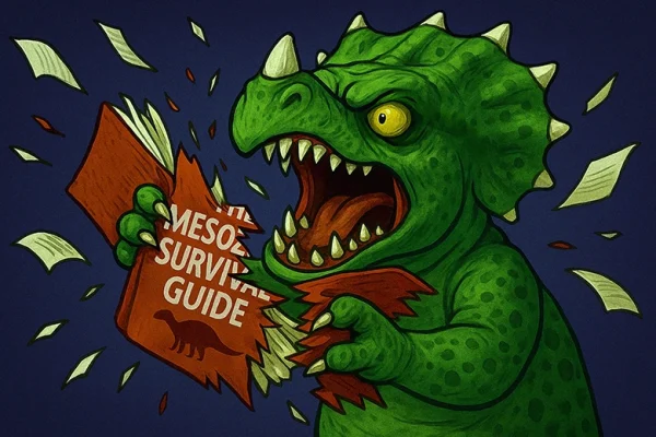 DinoBook: Conclusion Cartoon dinosaur angrily tearing apart a book titled "The Mesozoic Survival Guide," with pages flying, symbolising audiobook recording frustration.