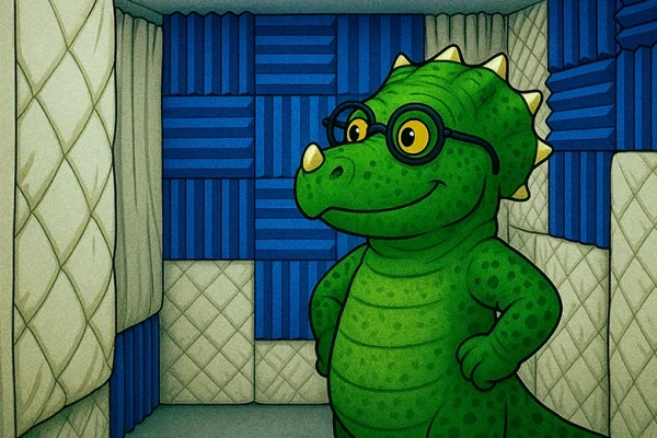 DinoBook: Acoustic Treatment Cartoon dinosaur wearing glasses, standing proudly in a soundproof recording booth lined with blue acoustic foam and beige quilted panels for audiobook production.