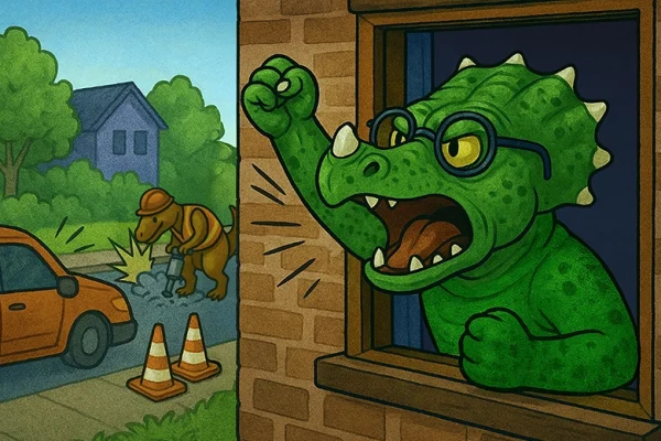 DinoBook: Ambient Noise Cartoon dinosaur wearing glasses shouting angrily out of a window at a construction worker dinosaur using a jackhammer, frustrated by the noise disrupting an audiobook recording.