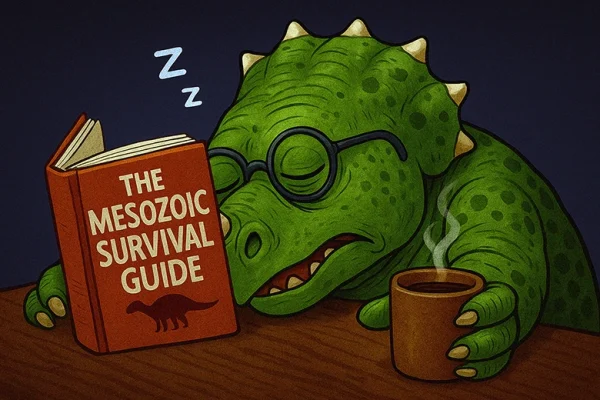 DinoBook: Time Of Day Cartoon dinosaur wearing glasses, asleep at a desk with its head resting on an audiobook script titled "The Mesozoic Survival Guide," holding a mug of coffee during a recording session.