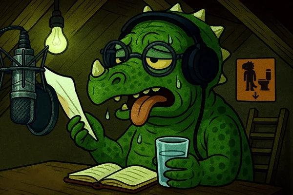 DinoBook: Location Cartoon dinosaur wearing glasses and headphones, sweating heavily while recording an audiobook in a hot attic, holding a glass of water and reading from a script.