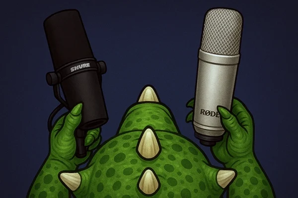 DinoBook: Mic & Interface Cartoon dinosaur viewed from behind, holding a Shure dynamic microphone in one hand and a Rode condenser microphone in the other, comparing options for audiobook recording.