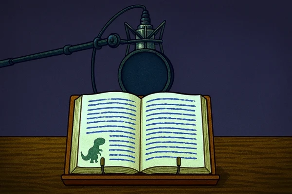 DinoBook: Positioning and Posture Open audiobook script on a wooden stand, positioned beneath a large studio microphone with a pop filter, ready for recording.