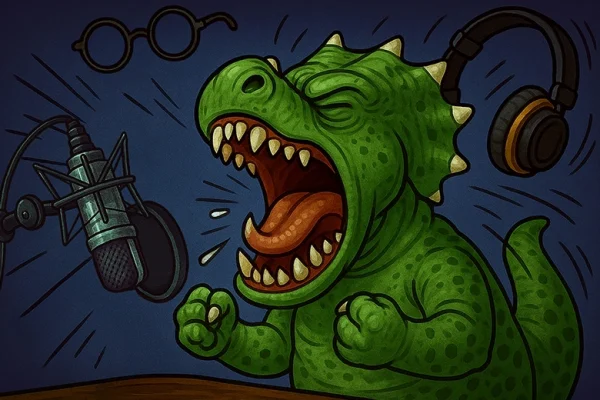 DinoBook: Performance Cartoon dinosaur roaring passionately into a studio microphone during an audiobook recording, with glasses and headphones flying off from the intensity.