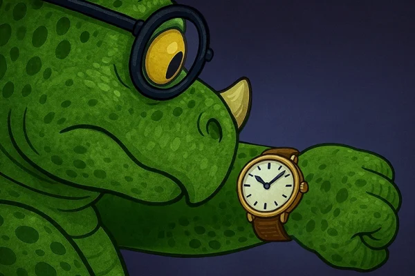 DinoBook: Duration Cartoon dinosaur wearing glasses looking at a wristwatch, symbolising careful scheduling of audiobook recording sessions.